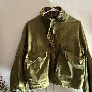 Current Elliott Green Cropped Jacket with Leopard Detail Size 2
